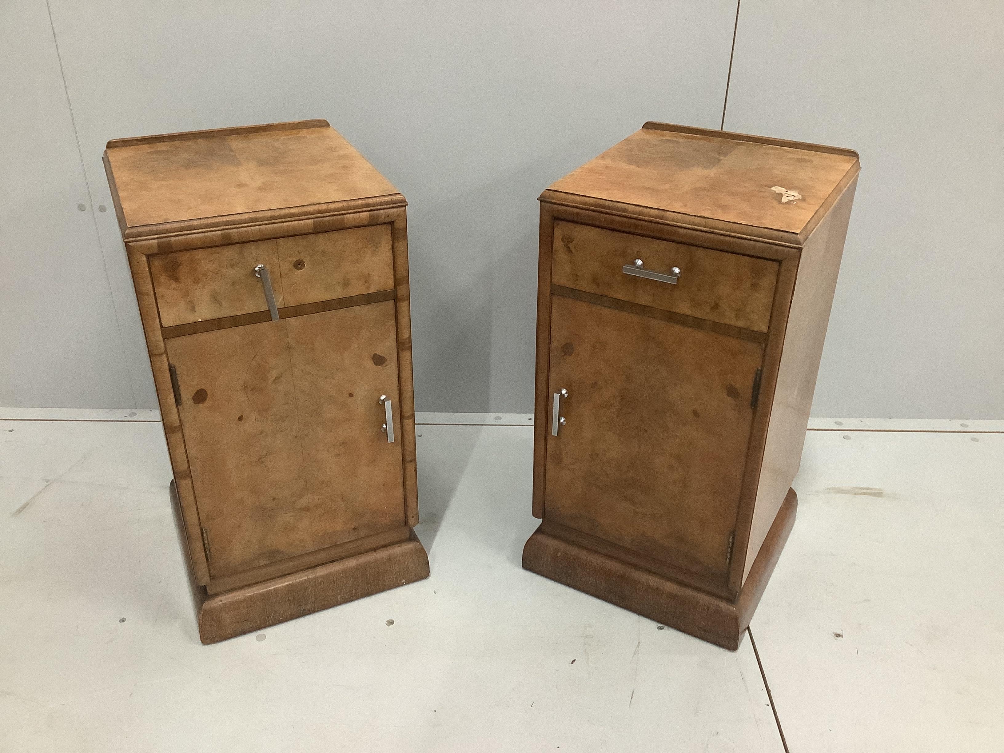 A pair of Art Deco style bird's eye maple bedside cabinets, width 36cm, depth 36cm, height 69cm